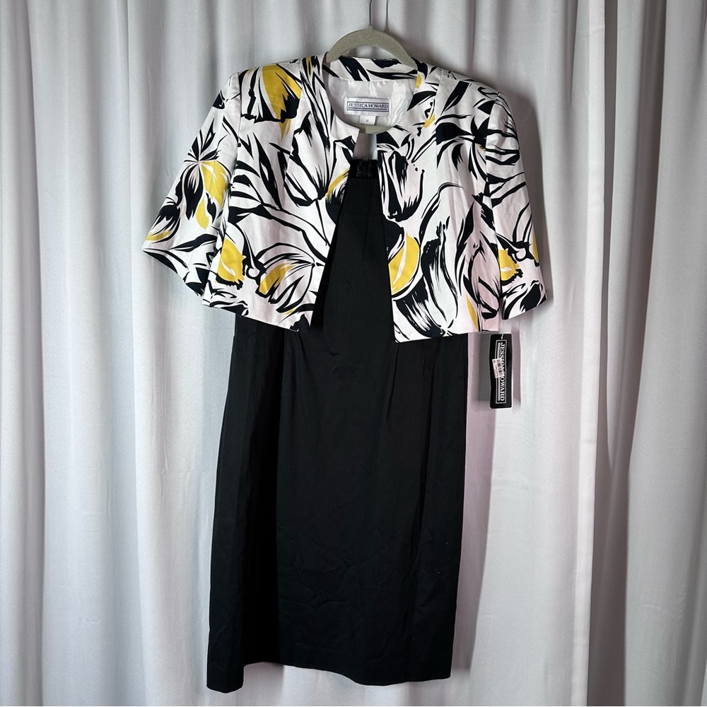 NWT Jessica Howard 2-PC Crop Jacket And Sheath Dress Set Sz 12 Black White Yello